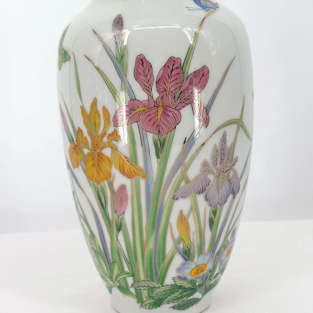 Srednick Collection Japan Porcelain Iris Butterfly Vase White Gold Rim Floral